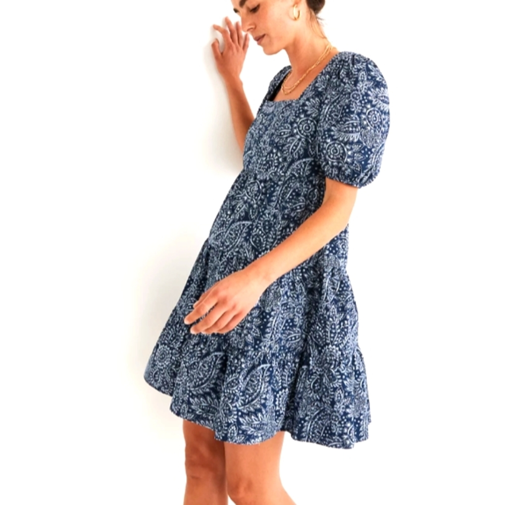 Poplin puff-sleeve Tiered babydoll dress in Paisley Garden women's dress